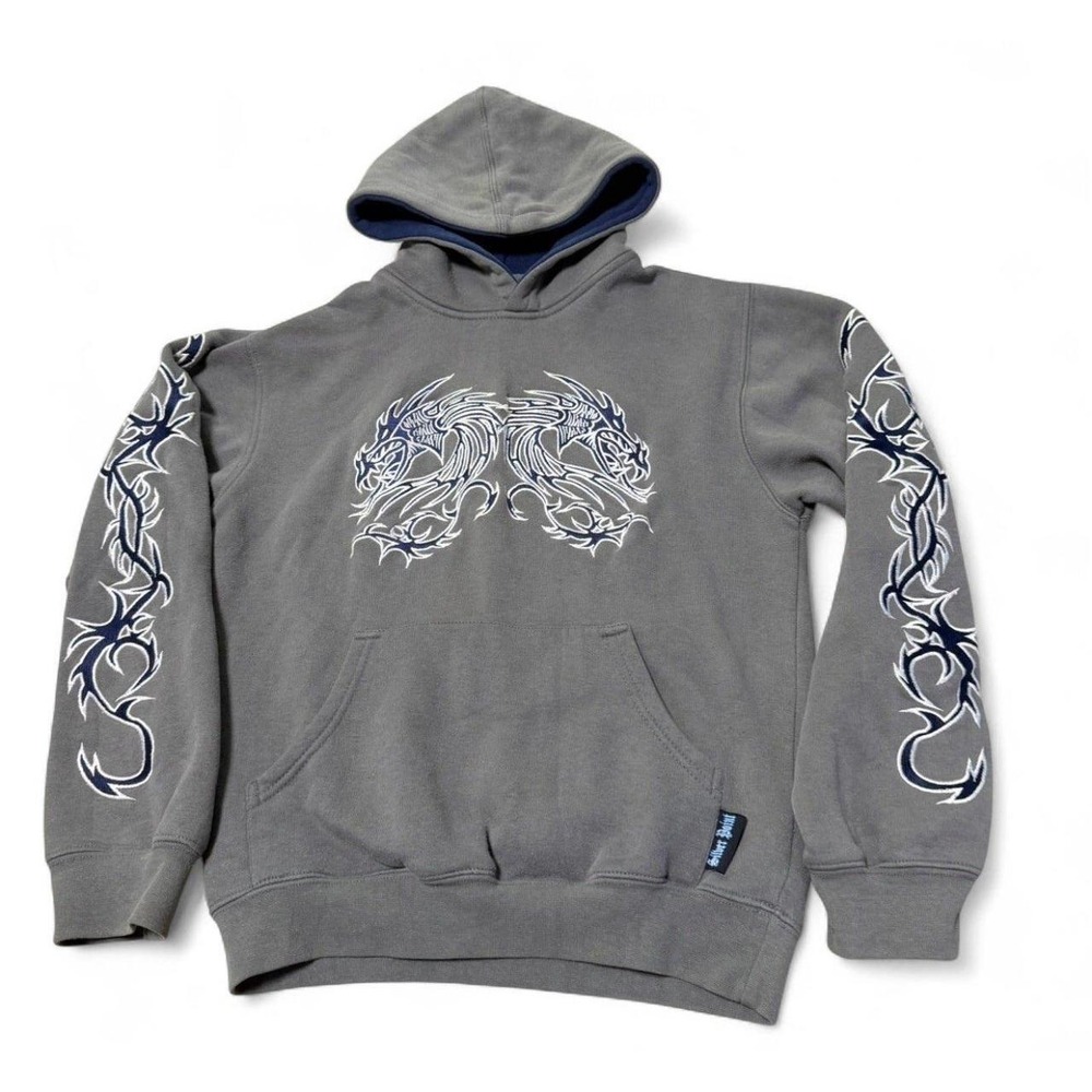 Youth Size 8 Silver Point Gray Tribal Dragon Hoodie Sweatshirt Y2K Skater